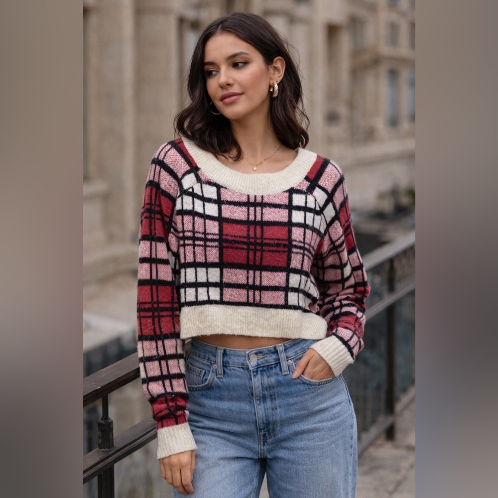 Altar’d State Pink Plaid Cropped Sweater M Grunge Prep Clueless